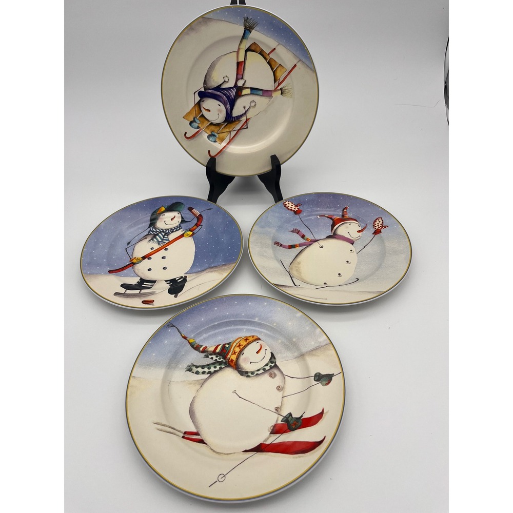Oneida Sporting Snowman Salad Plate Set of 4 Winter Skiing Sledding Hockey 8.3"